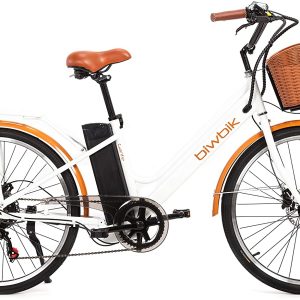 Bicicletta elettrica BIWBIK modello Gante 36V 12Ah con batteria agli ioni di litio, colore bianco.