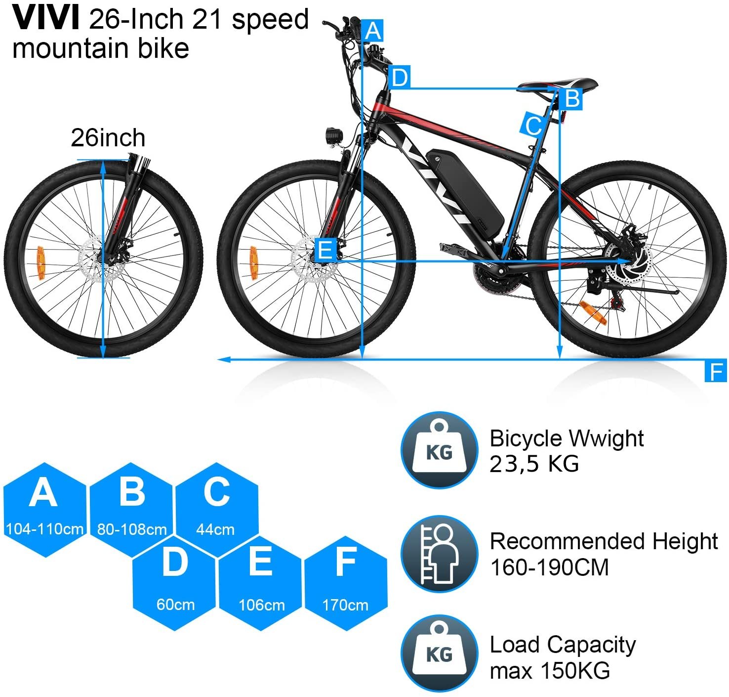 VIVI Bicicletta elettrica da montagna da 26" 250W 36V 10.4Ah rossa, bici da trasporto con batteria rimovibile, 25 MPH, 21 velocità, e-bike per adulti - immagine 6