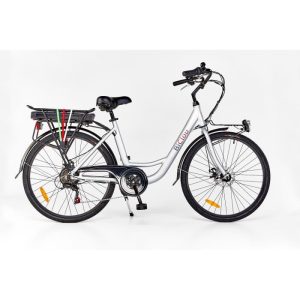 Bicicletta elettrica BiClou Porteur 26 grigia: motore posteriore da 250 W, batteria da 280 Wh - ruote da 26 pollici - autonomia di 40 km - garanzia di 3 anni