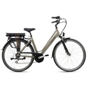 Bicicletta elettrica ibrida Optima Deluxe in alluminio da 28" beige, 250W, batteria agli ioni di litio da 36V/13 Ah/468 Wh, 7 velocità.
